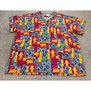 Vintage NightingGale Scrub Top L Large Cats Print Whimsical Patchwork 90s V-Neck